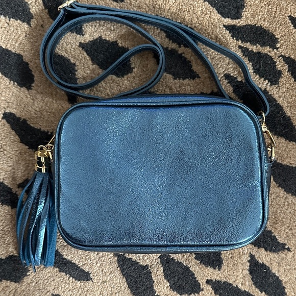 Handbags - Blue Metallic Leather Crossbody Camers Bag with Matching Tassel • Made in Italy